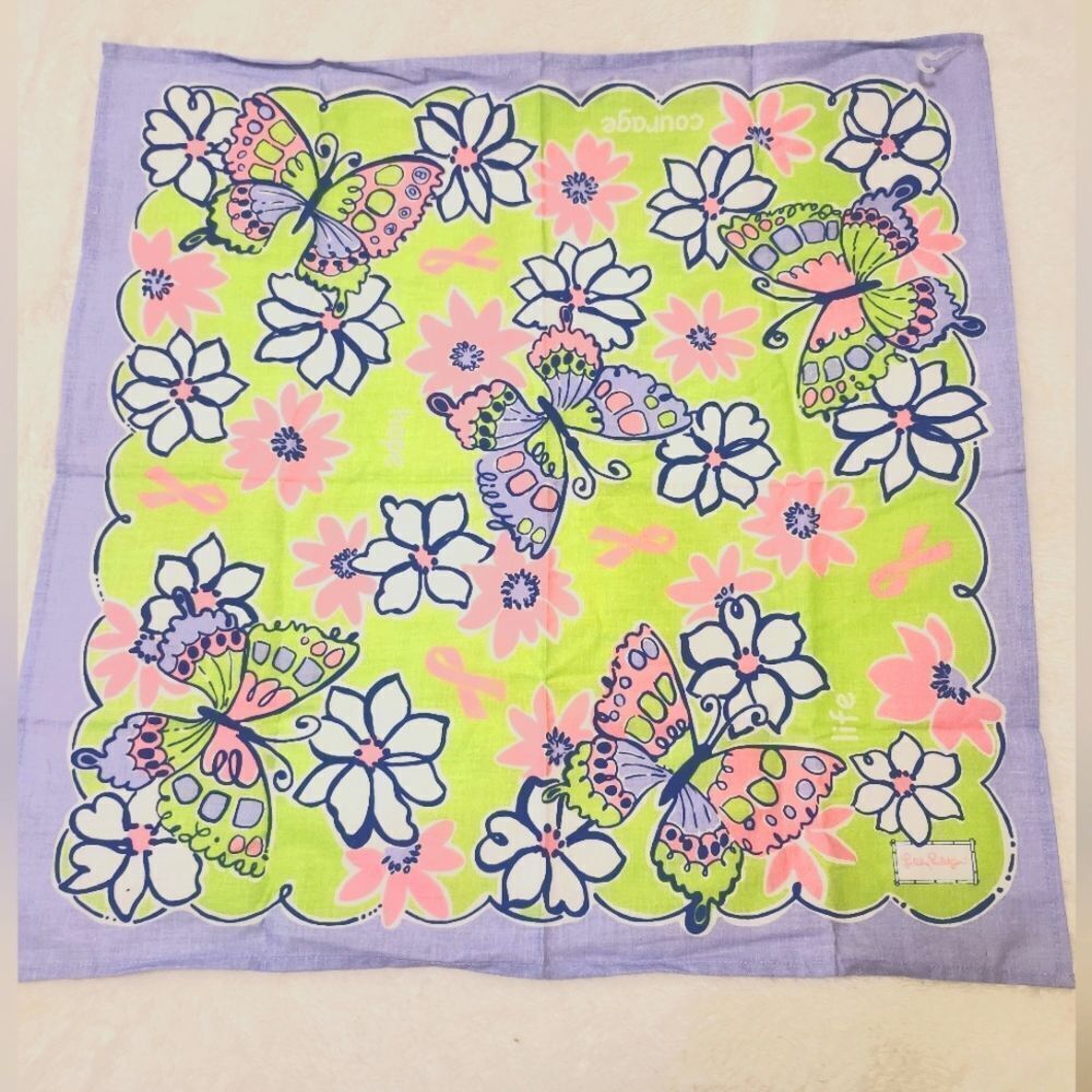 NEW Lilly Pulitzer "Flowers for  Breast Cancer" 21.5" Square Scarf 100% Cotton